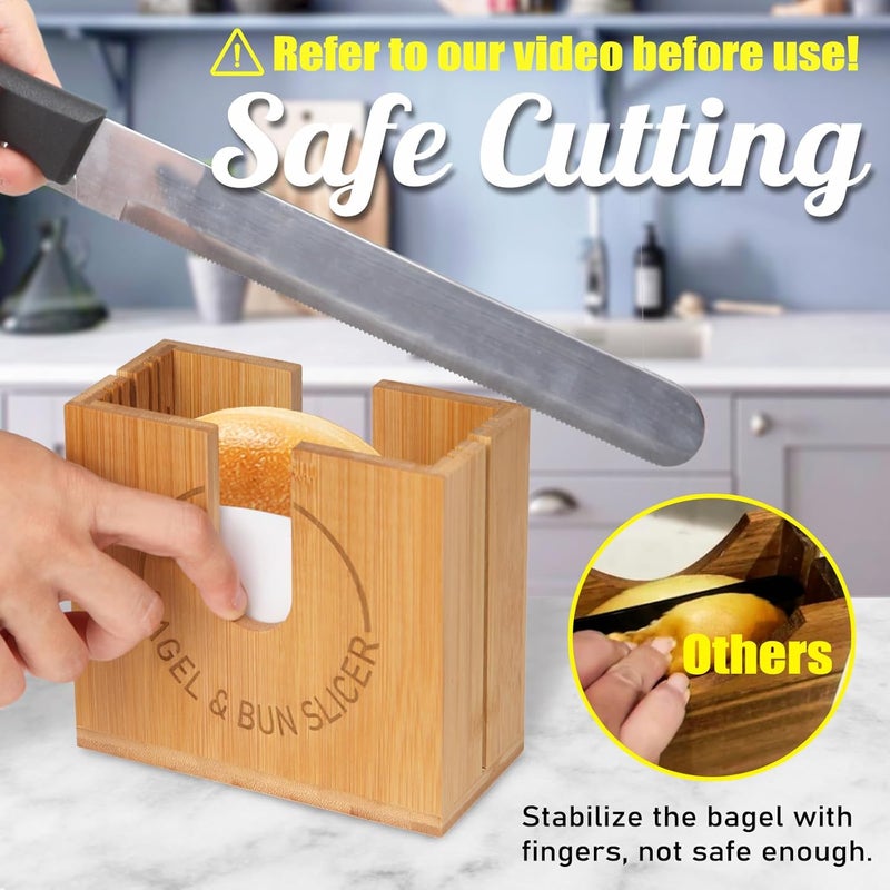 cenleoha Large Adjustable Bagel Slicer Holder | Bamboo Bagel Cutting Holder with Width-Adjustable Slots for Small & Large Bagels, Buns & English Muffins, Knife Groove & Non-Slip Base - Image 2